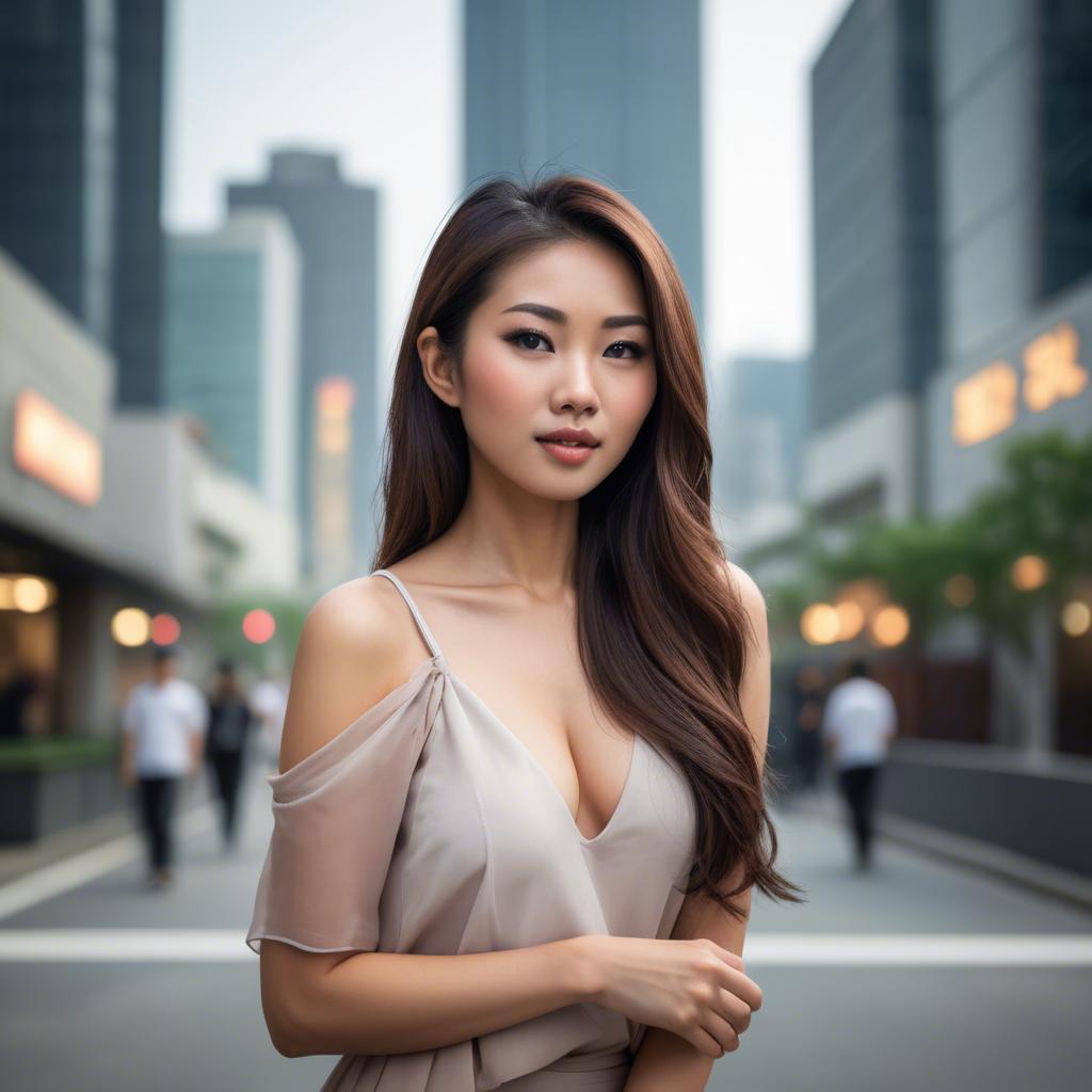 A stunning image of beautiful asian woman in a modern cityscape.