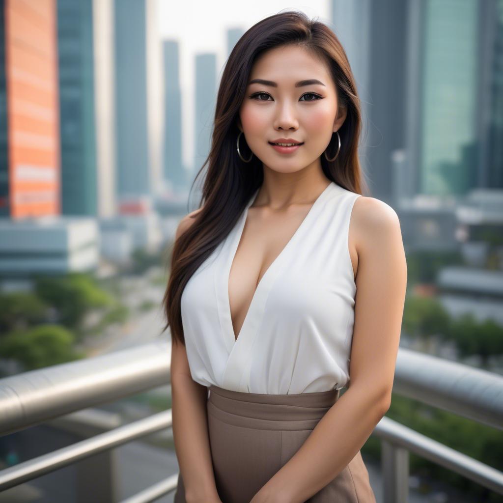 A stunning image of beautiful asian woman in a modern cityscape.