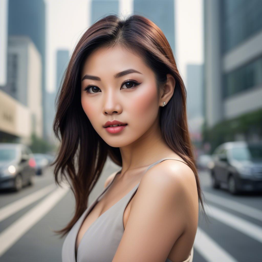 A stunning image of beautiful asian woman in a modern cityscape.