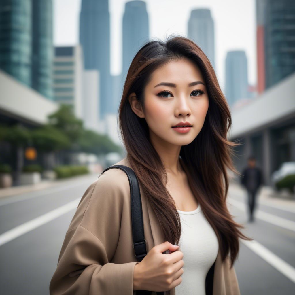 A stunning image of beautiful asian woman in a modern cityscape.