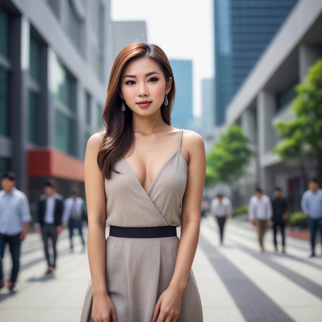 A stunning image of beautiful asian woman in a modern cityscape.