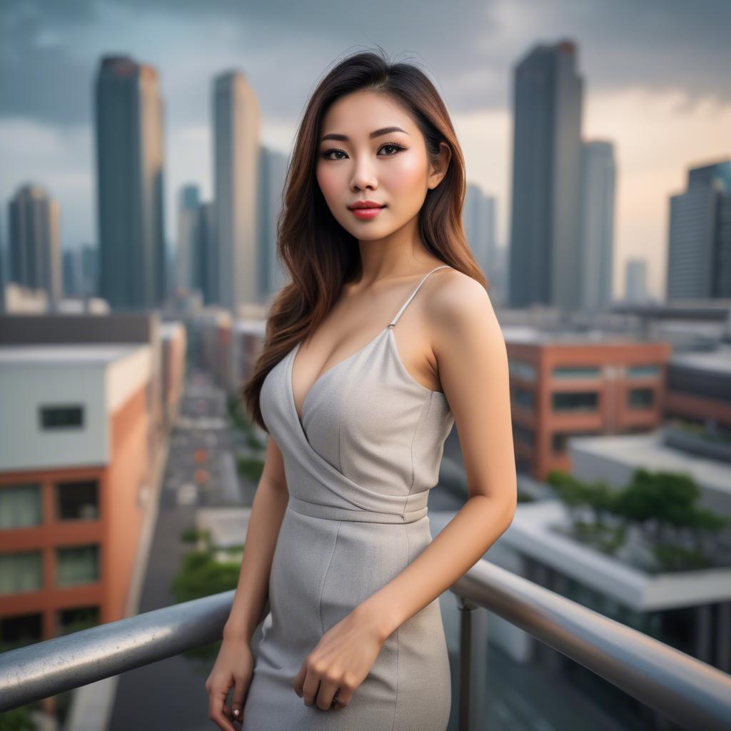 A stunning image of beautiful asian woman in a modern cityscape.