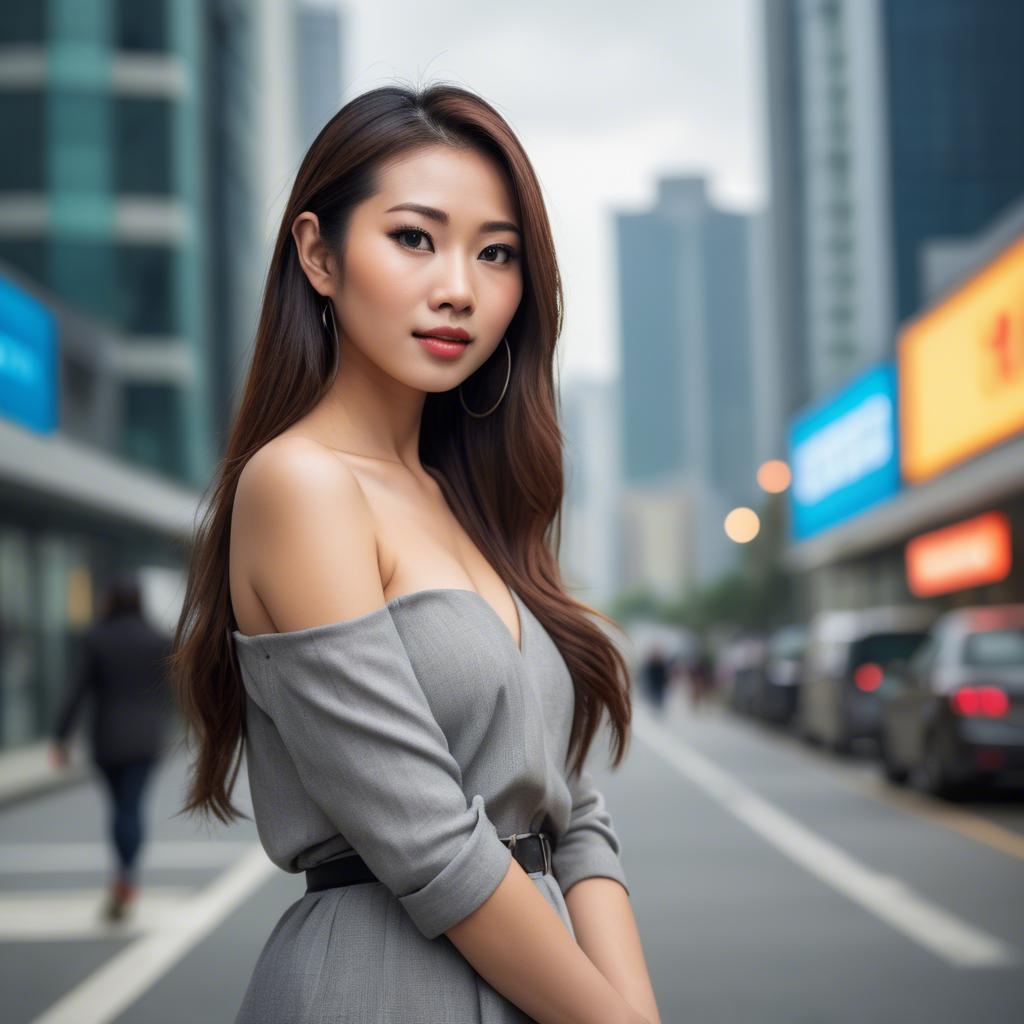 A stunning image of beautiful asian woman in a modern cityscape.
