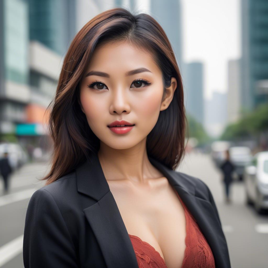 A stunning image of beautiful asian woman in a modern cityscape.