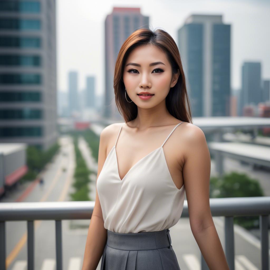 A stunning image of beautiful asian woman in a modern cityscape.