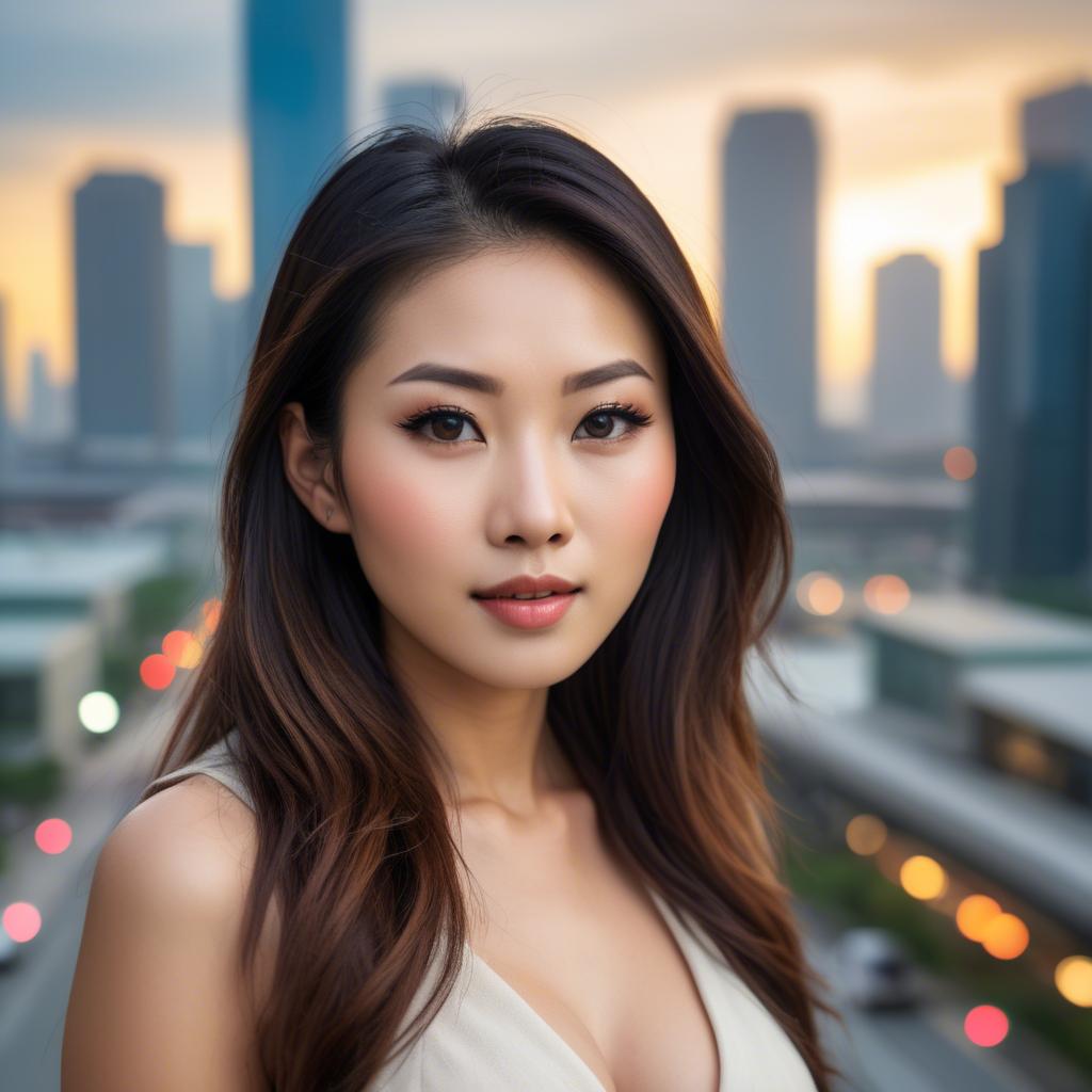 A stunning image of beautiful asian woman in a modern cityscape.
