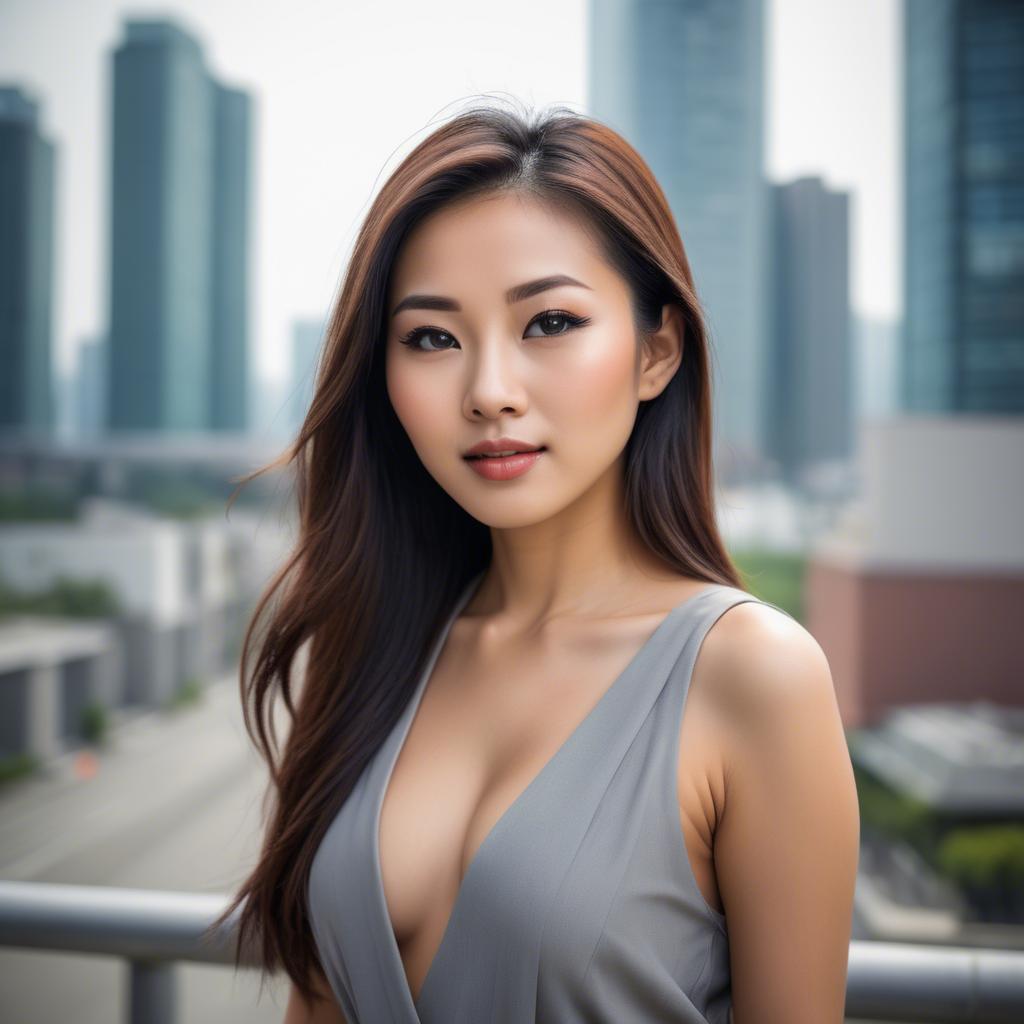 A stunning image of beautiful asian woman in a modern cityscape.