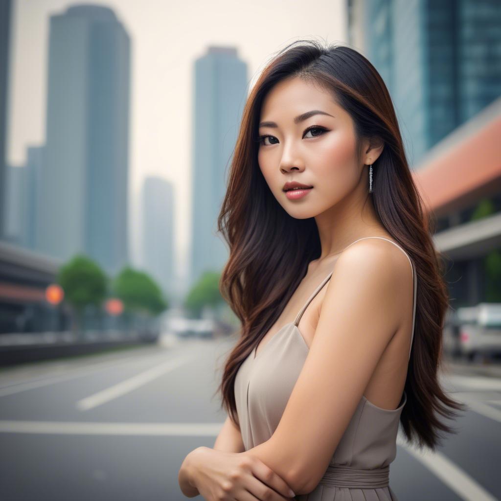 A stunning image of beautiful asian woman in a modern cityscape.