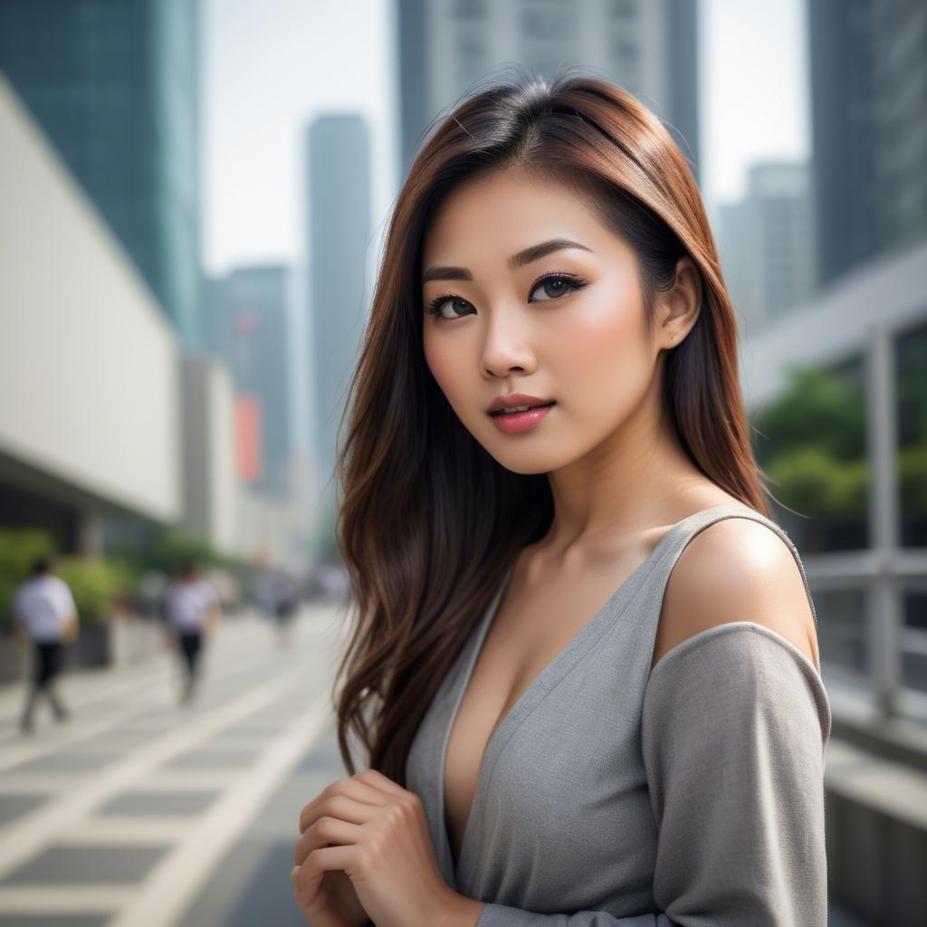 A stunning image of beautiful asian woman in a modern cityscape.
