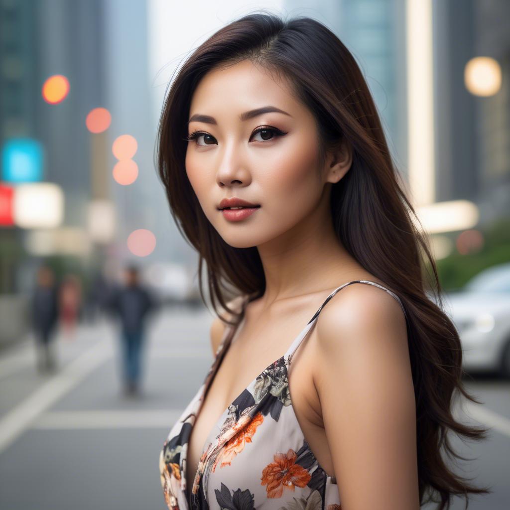 A stunning image of beautiful asian woman in a modern cityscape.