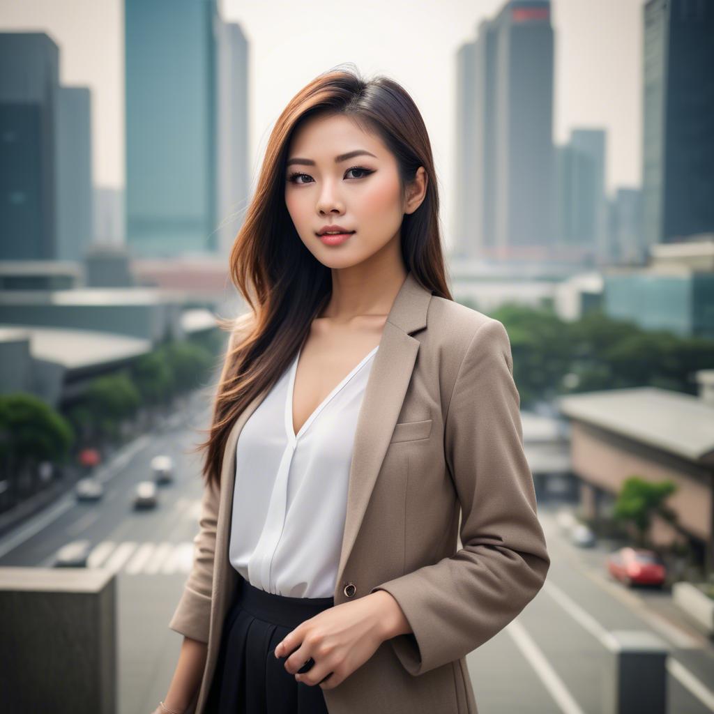 A stunning image of beautiful asian woman in a modern cityscape.