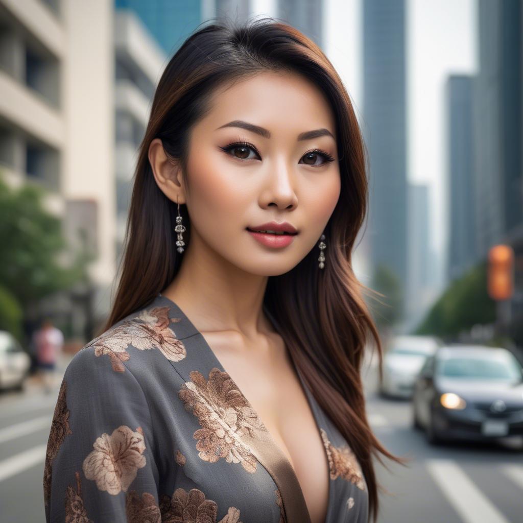 A stunning image of beautiful asian woman in a modern cityscape.