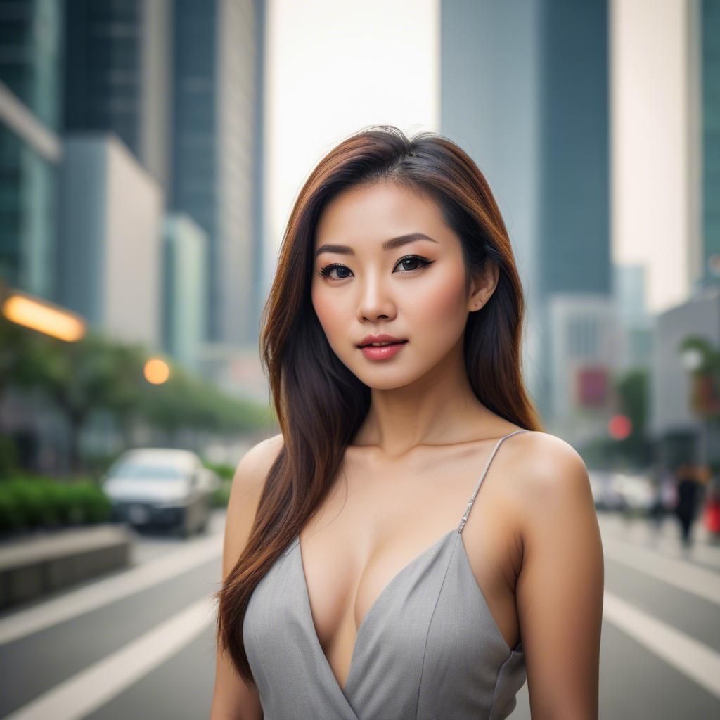 A stunning image of beautiful asian woman in a modern cityscape.