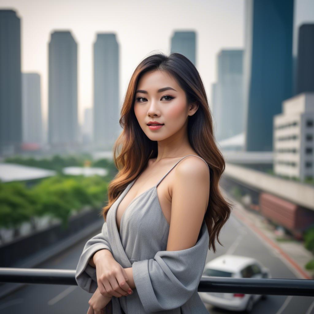 A stunning image of beautiful asian woman in a modern cityscape.