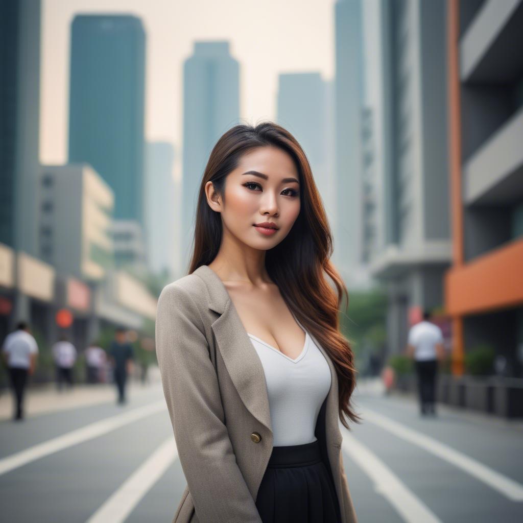 A stunning image of beautiful asian woman in a modern cityscape.