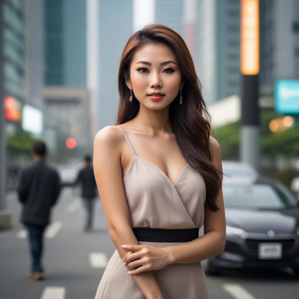 A stunning image of beautiful asian woman in a modern cityscape.