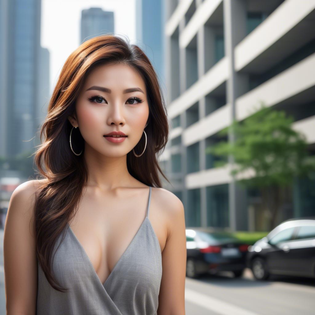 A stunning image of beautiful asian woman in a modern cityscape.
