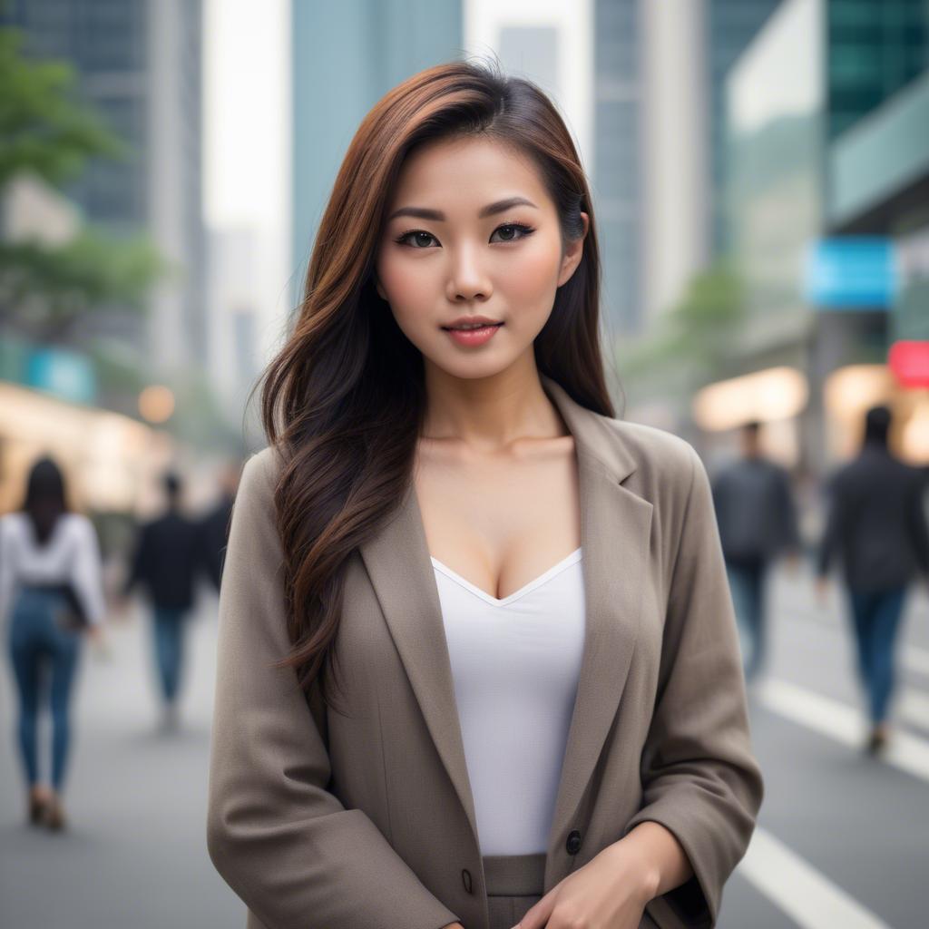 A stunning image of beautiful asian woman in a modern cityscape.