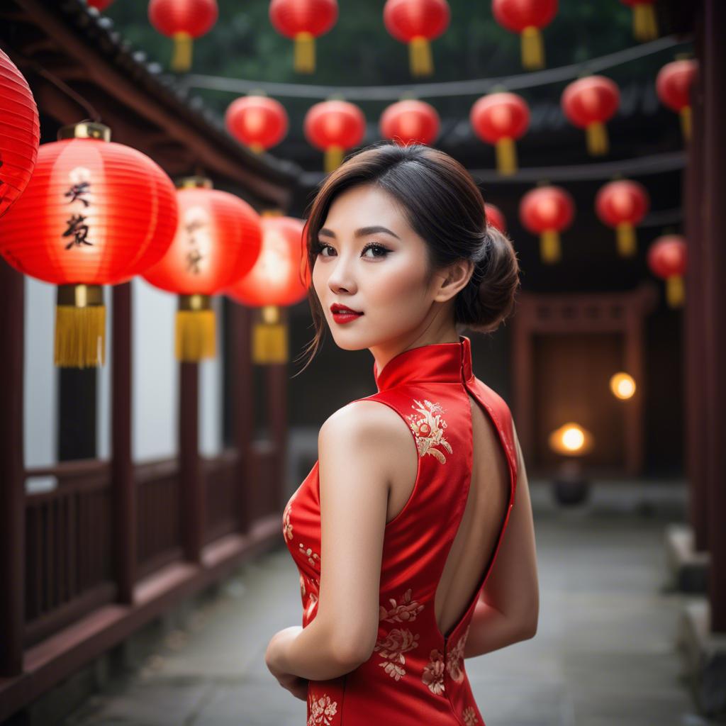 A stunning image of beautiful asian woman in a red cheongsam under lanterns.