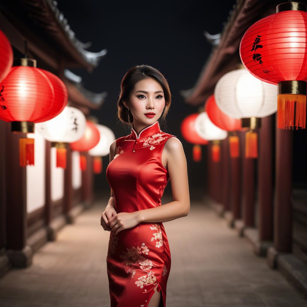 A stunning image of beautiful asian woman in a red cheongsam under lanterns.