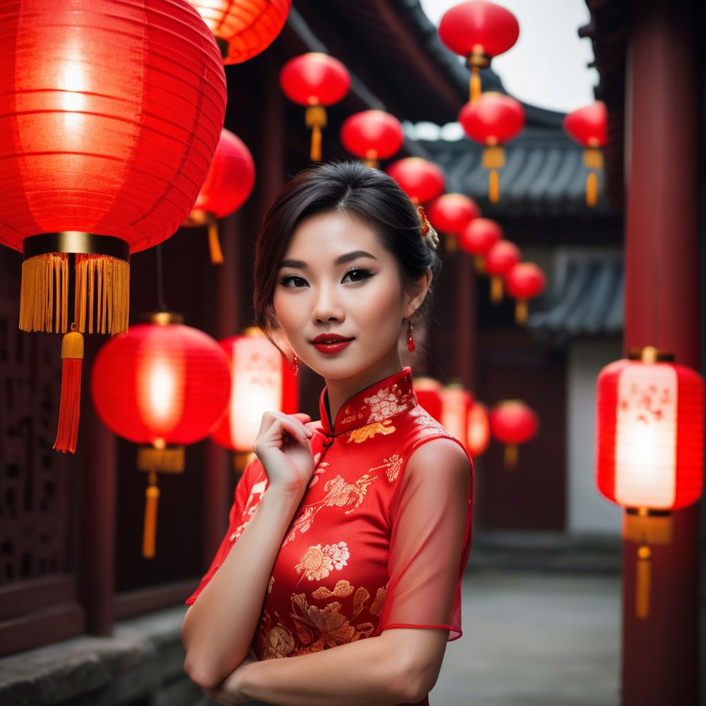 A stunning image of beautiful asian woman in a red cheongsam under lanterns.