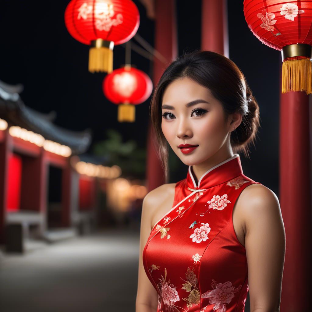 A stunning image of beautiful asian woman in a red cheongsam under lanterns.