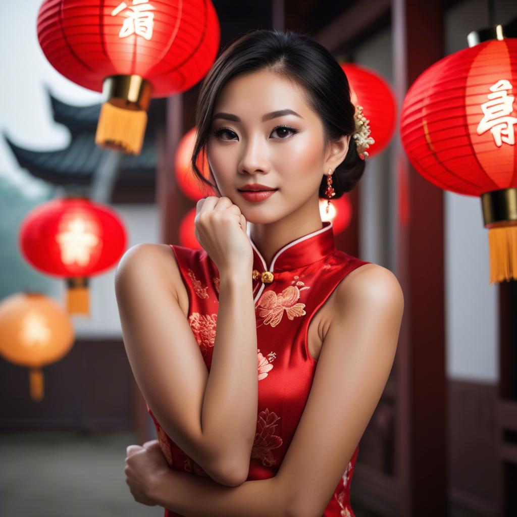A stunning image of beautiful asian woman in a red cheongsam under lanterns.