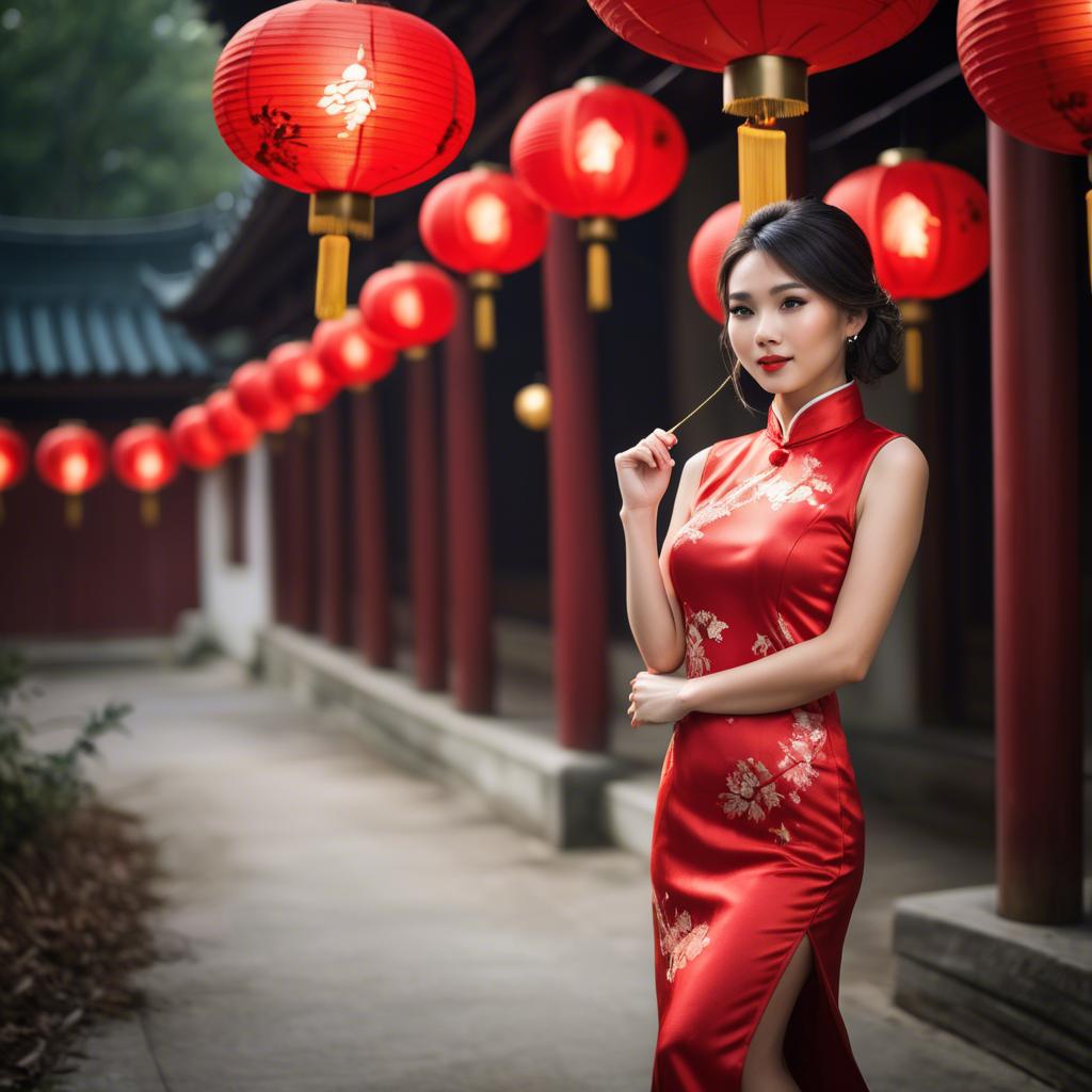 A stunning image of beautiful asian woman in a red cheongsam under lanterns.