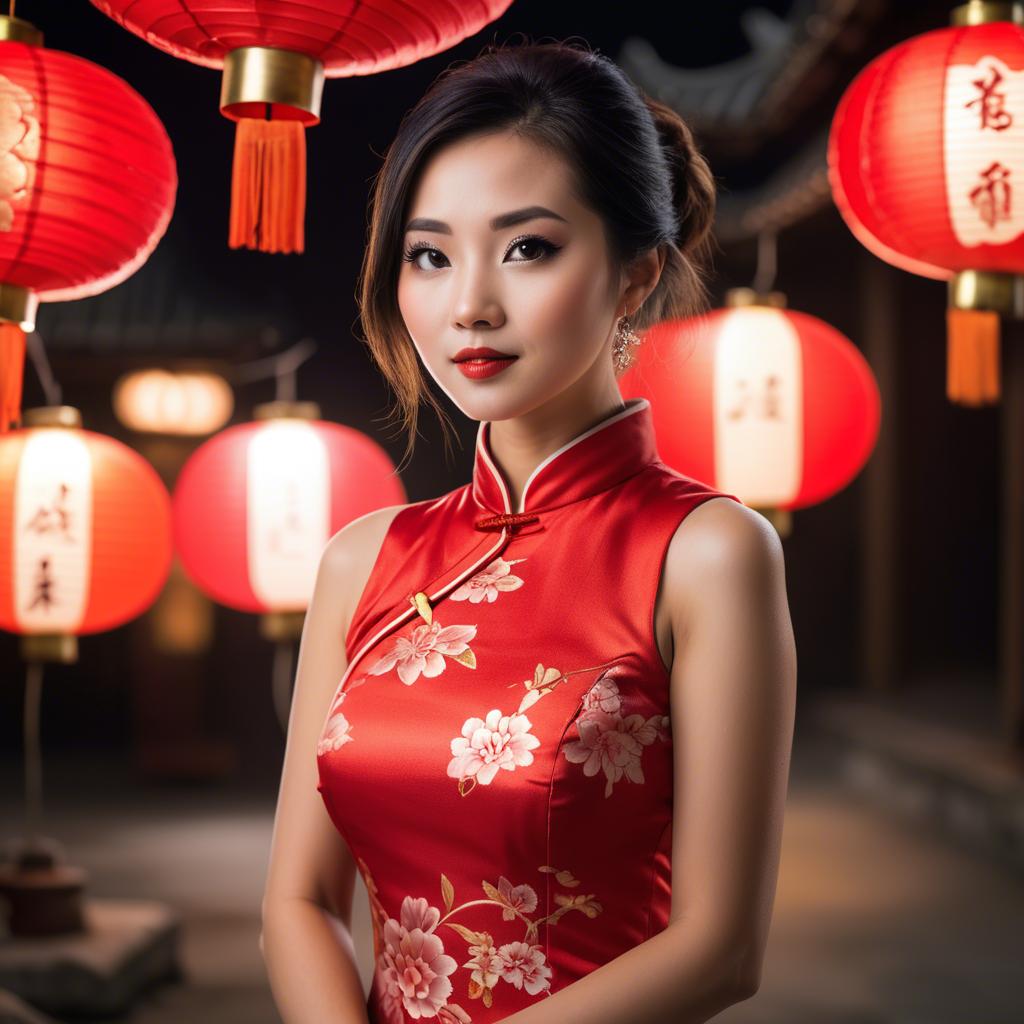A stunning image of beautiful asian woman in a red cheongsam under lanterns.
