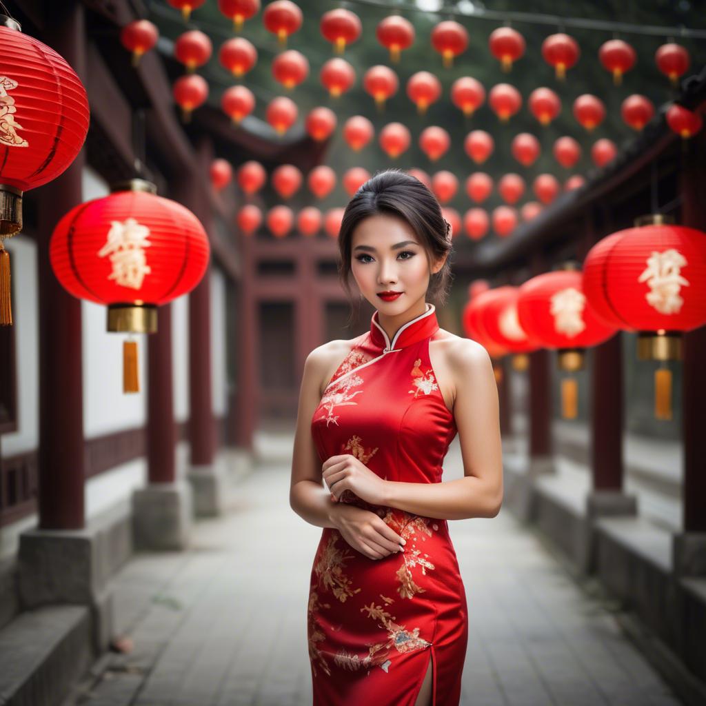 A stunning image of beautiful asian woman in a red cheongsam under lanterns.