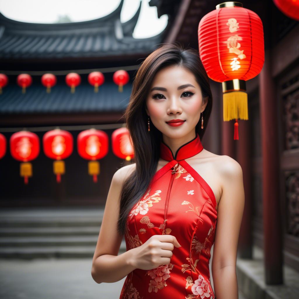 A stunning image of beautiful asian woman in a red cheongsam under lanterns.
