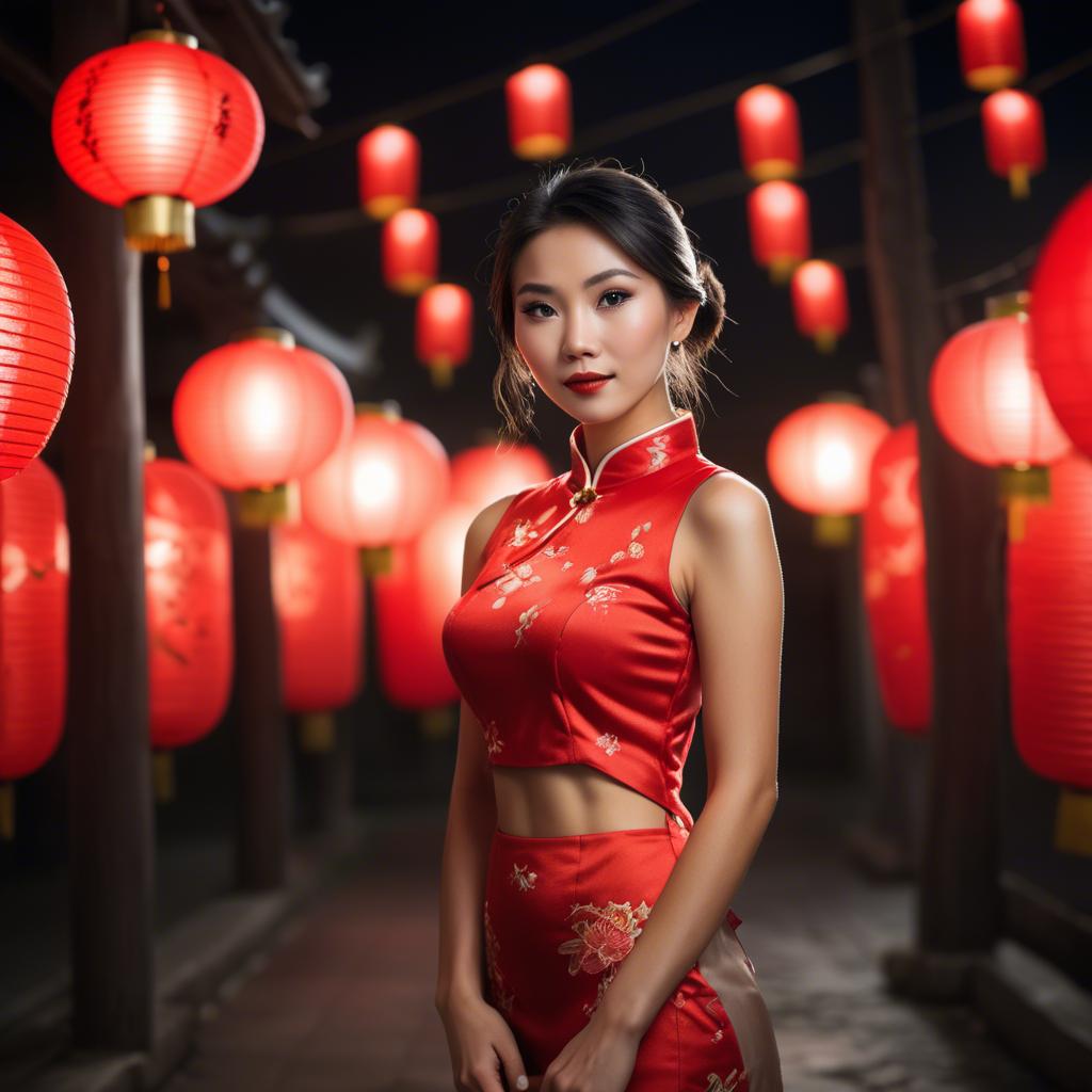A stunning image of beautiful asian woman in a red cheongsam under lanterns.