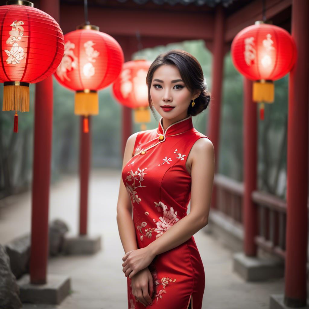 A stunning image of beautiful asian woman in a red cheongsam under lanterns.