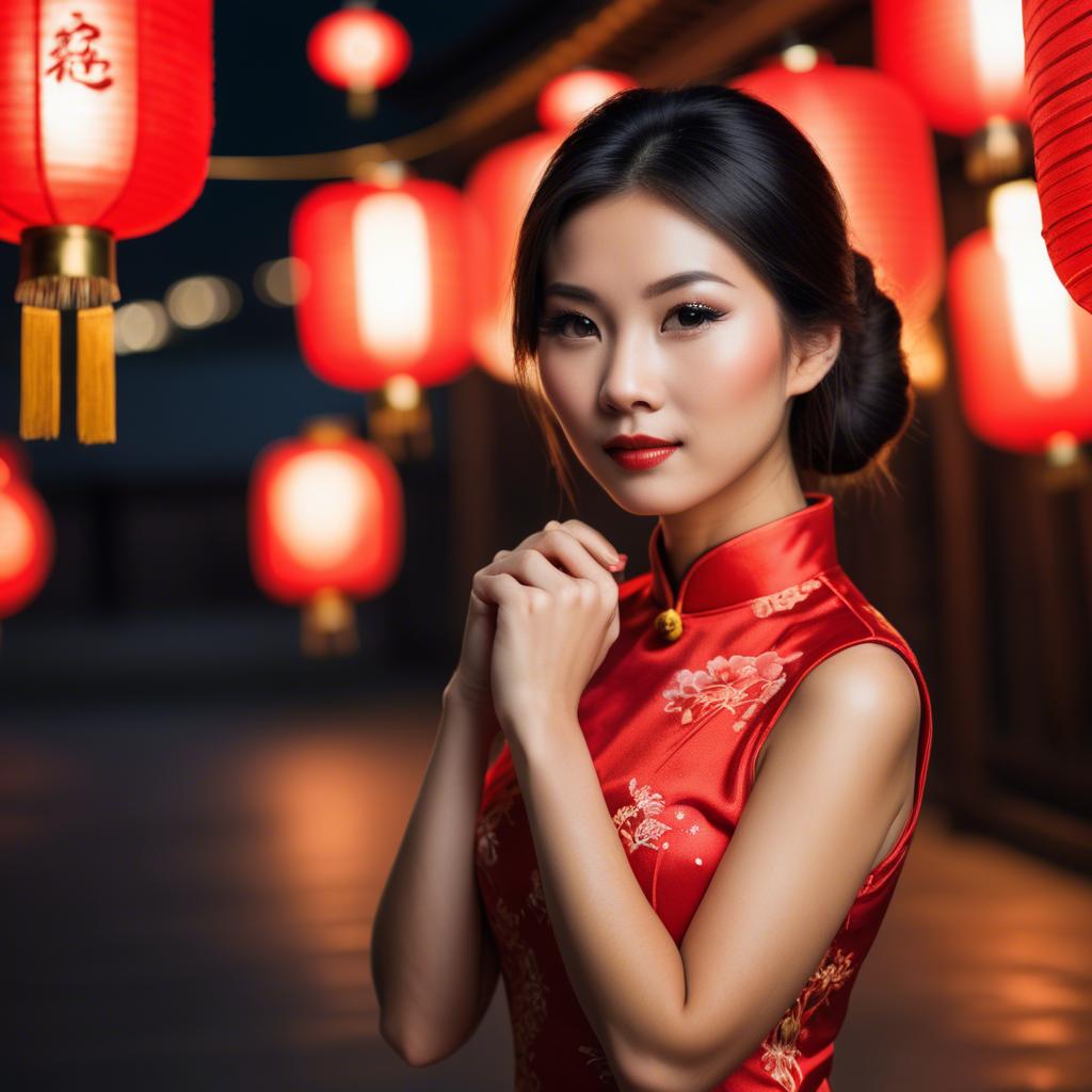 A stunning image of beautiful asian woman in a red cheongsam under lanterns.