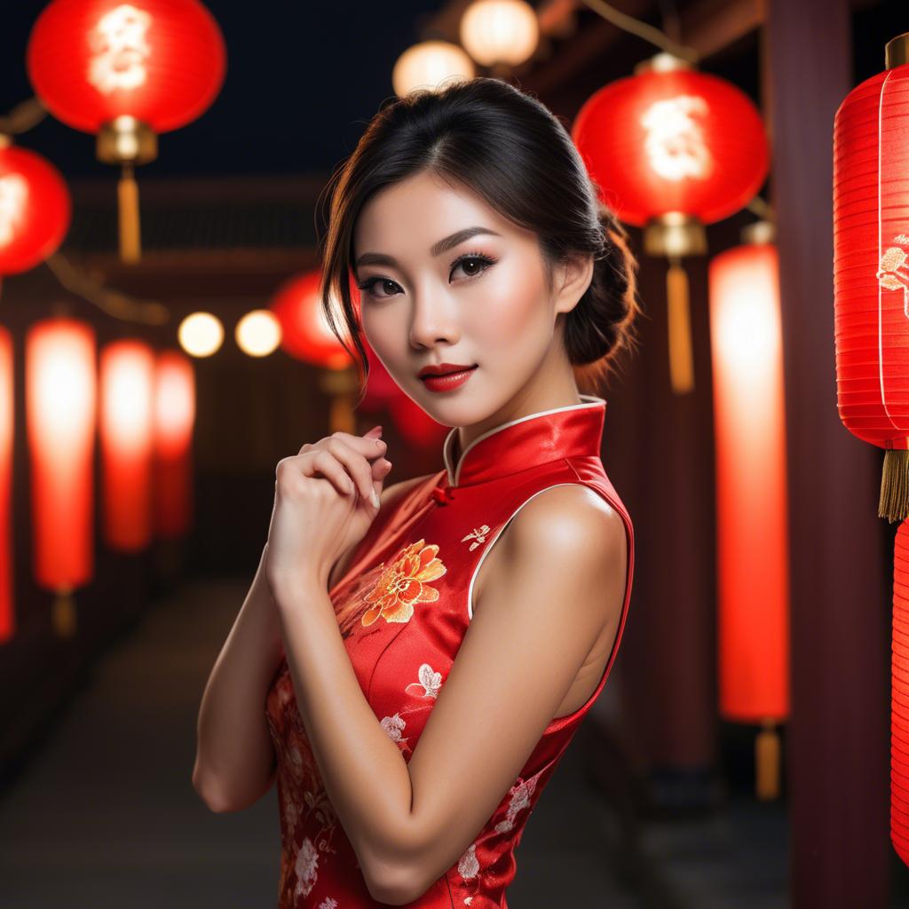 A stunning image of beautiful asian woman in a red cheongsam under lanterns.