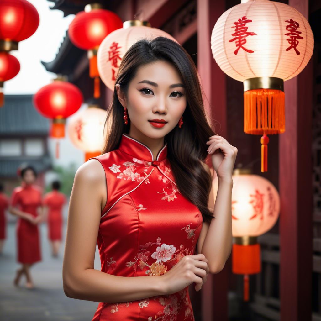 A stunning image of beautiful asian woman in a red cheongsam under lanterns.