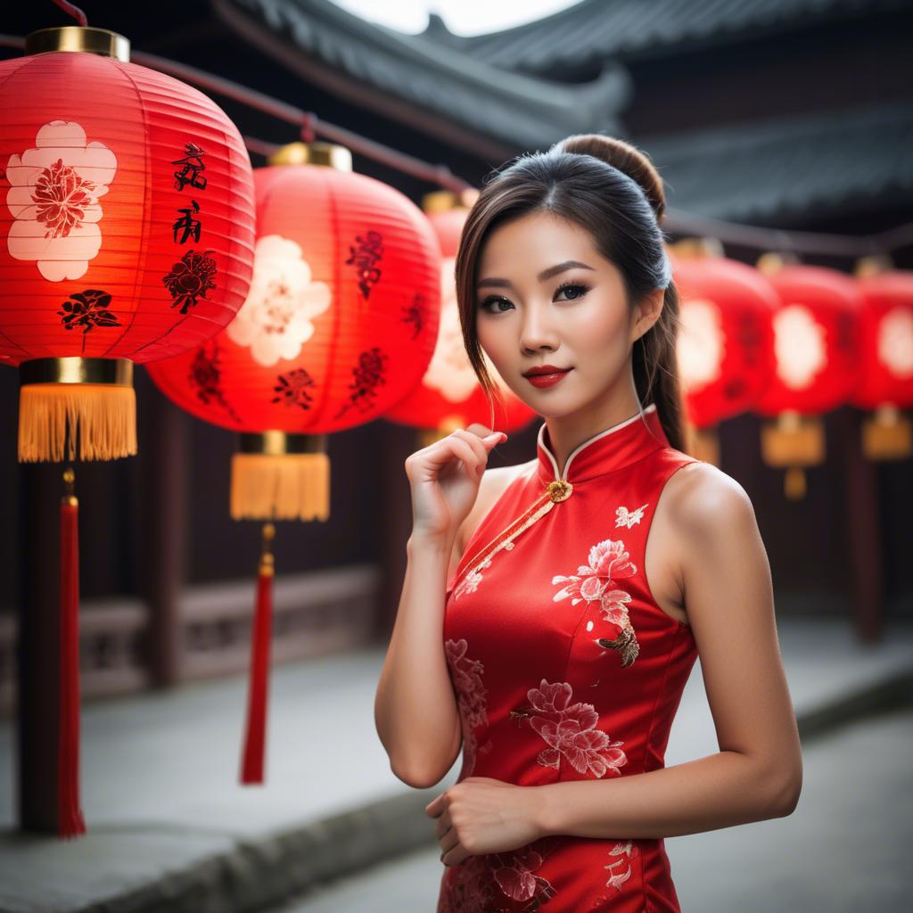 A stunning image of beautiful asian woman in a red cheongsam under lanterns.