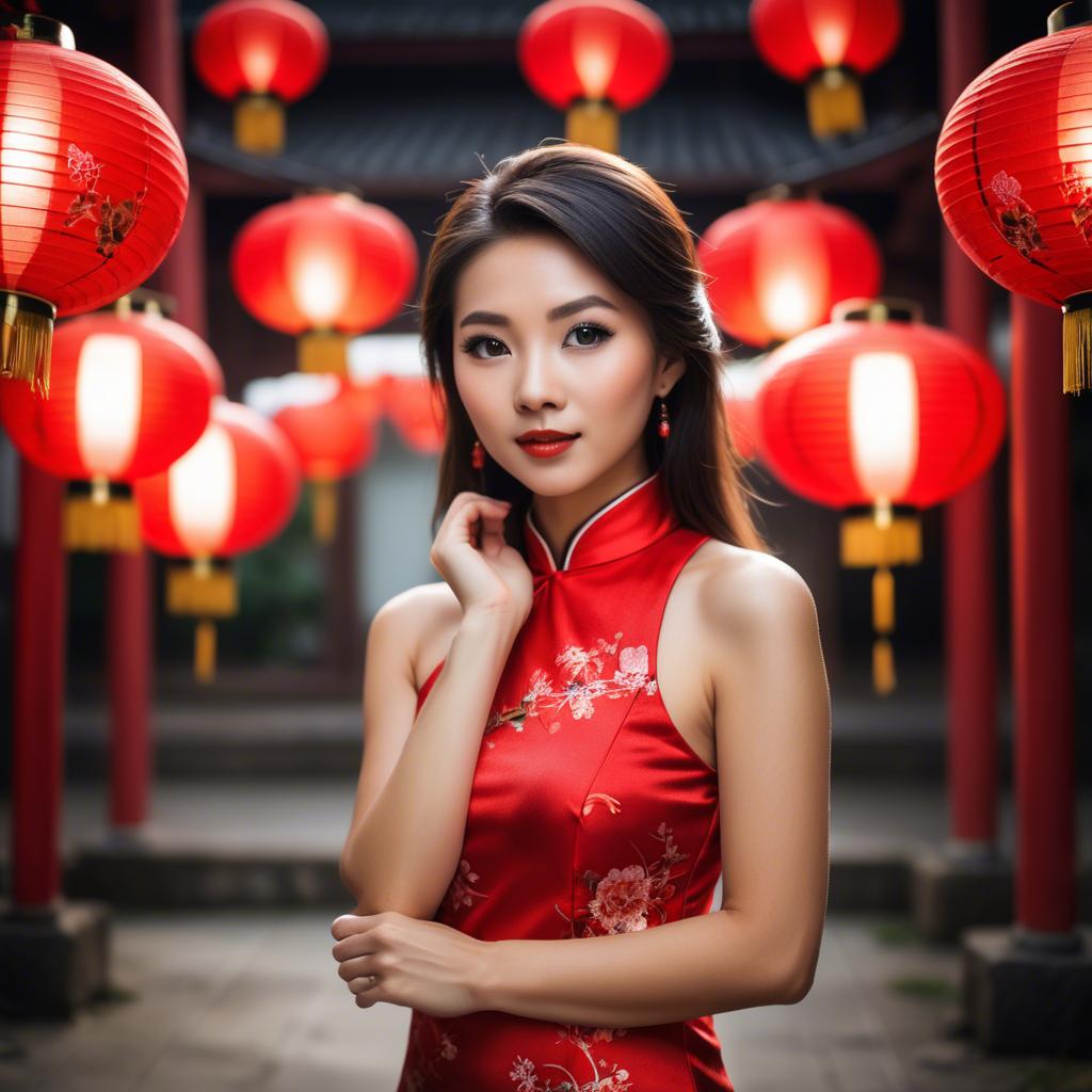 A stunning image of beautiful asian woman in a red cheongsam under lanterns.