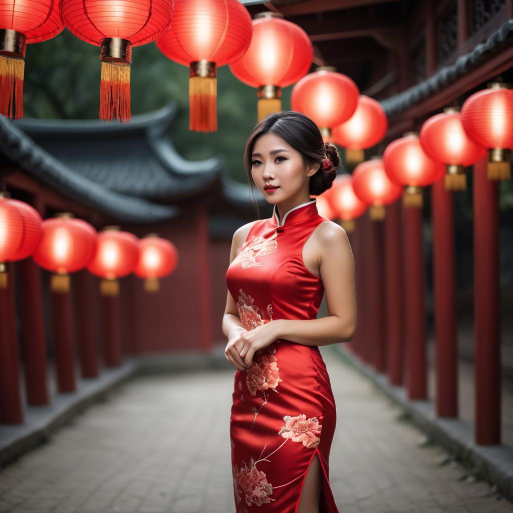 A stunning image of beautiful asian woman in a red cheongsam under lanterns.