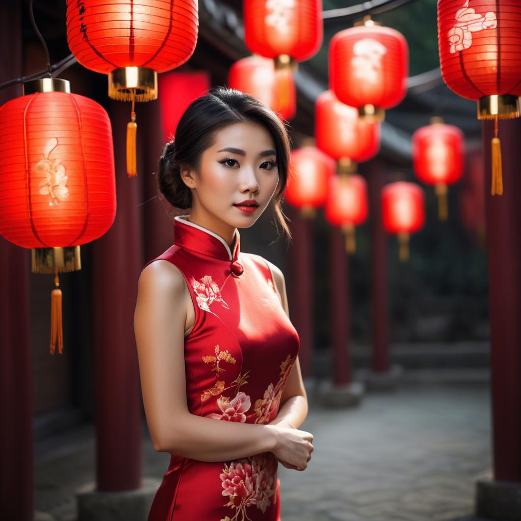 A stunning image of beautiful asian woman in a red cheongsam under lanterns.