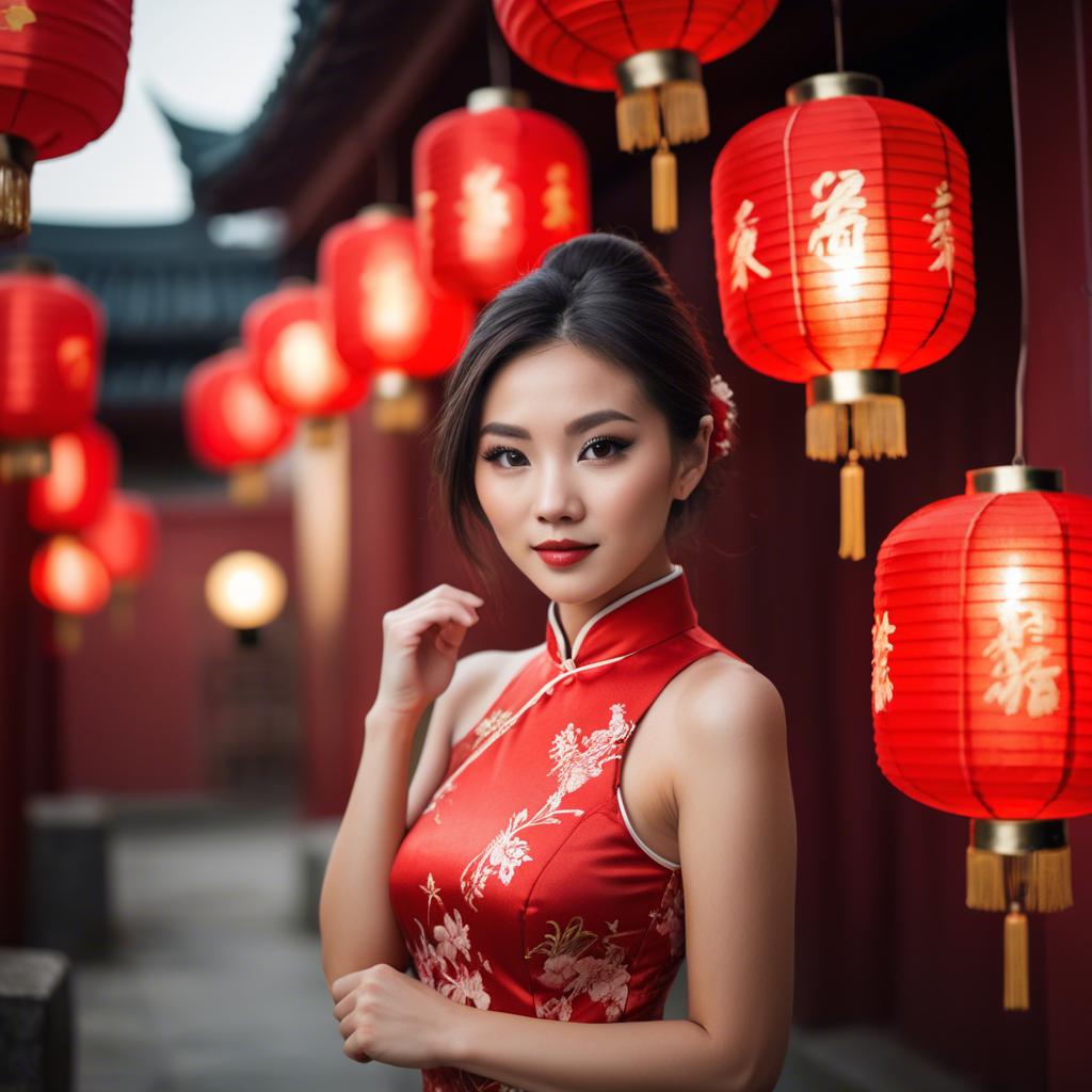 A stunning image of beautiful asian woman in a red cheongsam under lanterns.