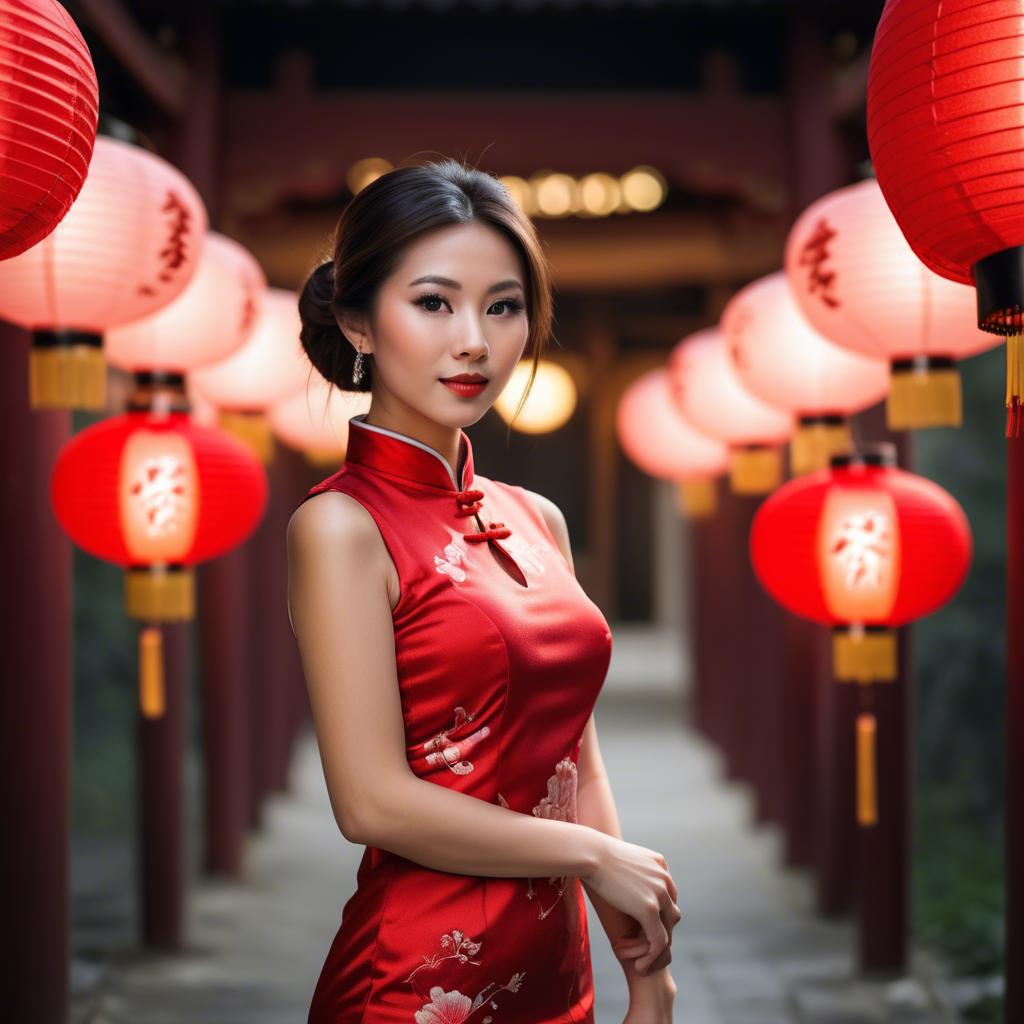 A stunning image of beautiful asian woman in a red cheongsam under lanterns.