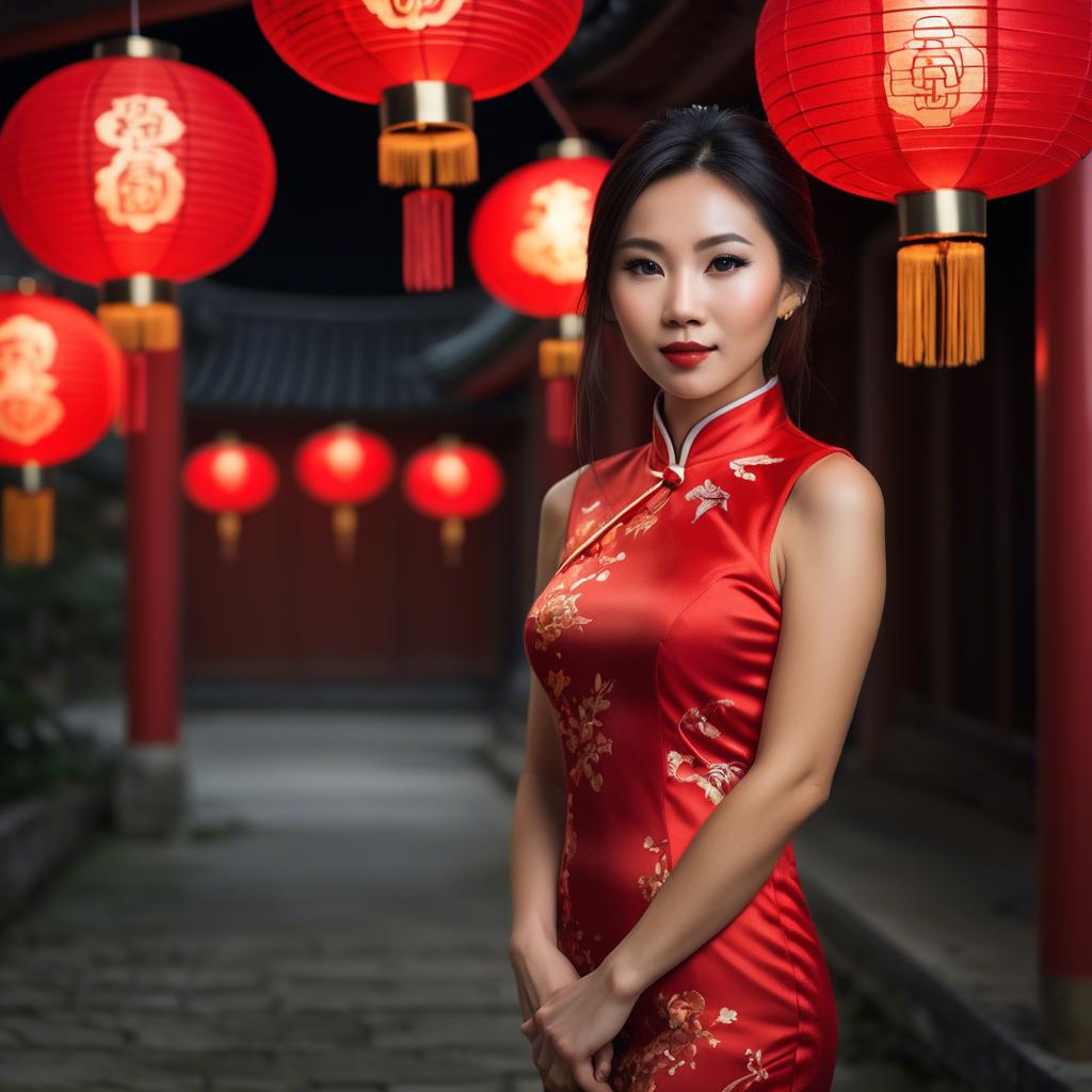 A stunning image of beautiful asian woman in a red cheongsam under lanterns.