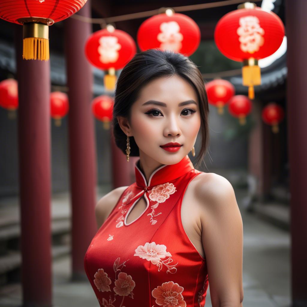 A stunning image of beautiful asian woman in a red cheongsam under lanterns.