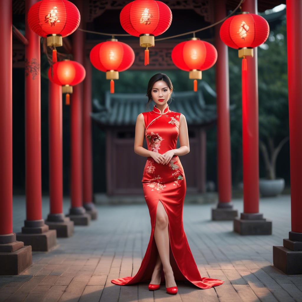 A stunning image of beautiful asian woman in a red cheongsam under lanterns.