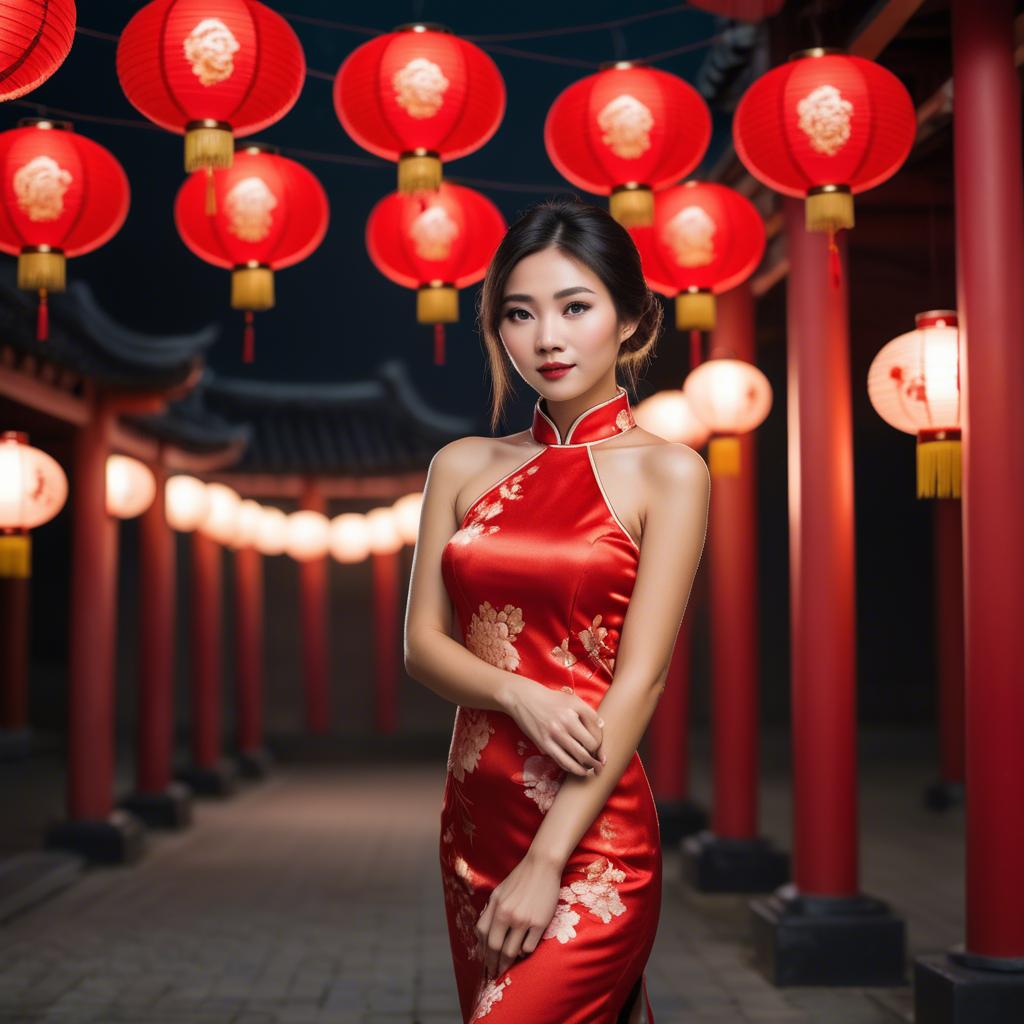 A stunning image of beautiful asian woman in a red cheongsam under lanterns.
