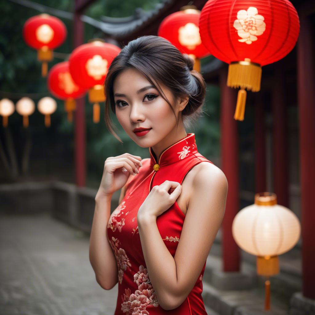 A stunning image of beautiful asian woman in a red cheongsam under lanterns.