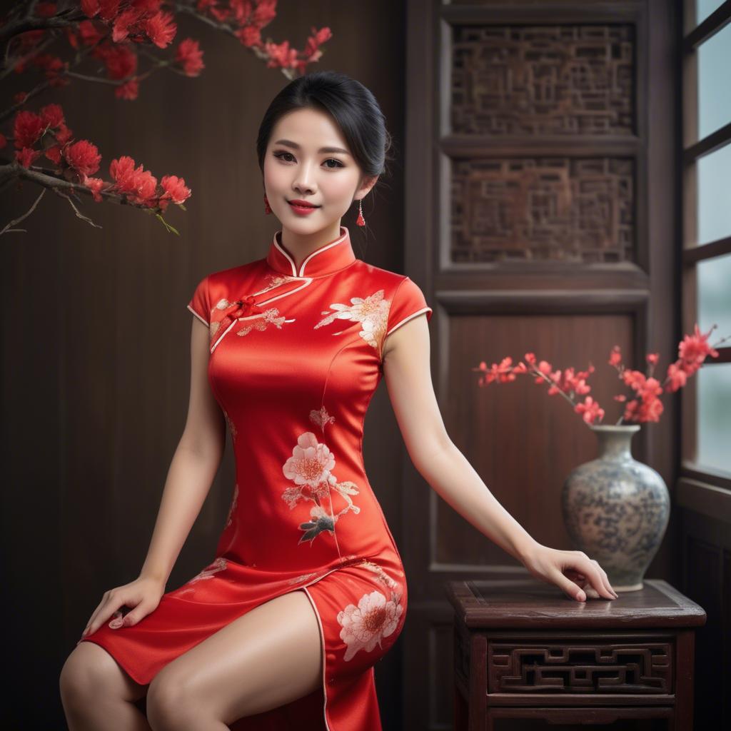 A stunning image of beautiful chinese woman posing in a cheongsam.