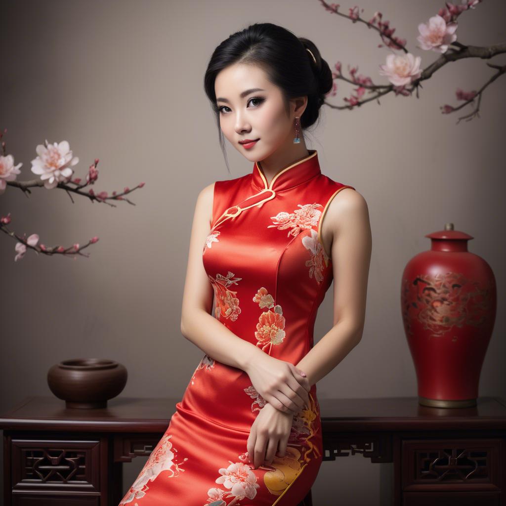 A stunning image of beautiful chinese woman posing in a cheongsam.