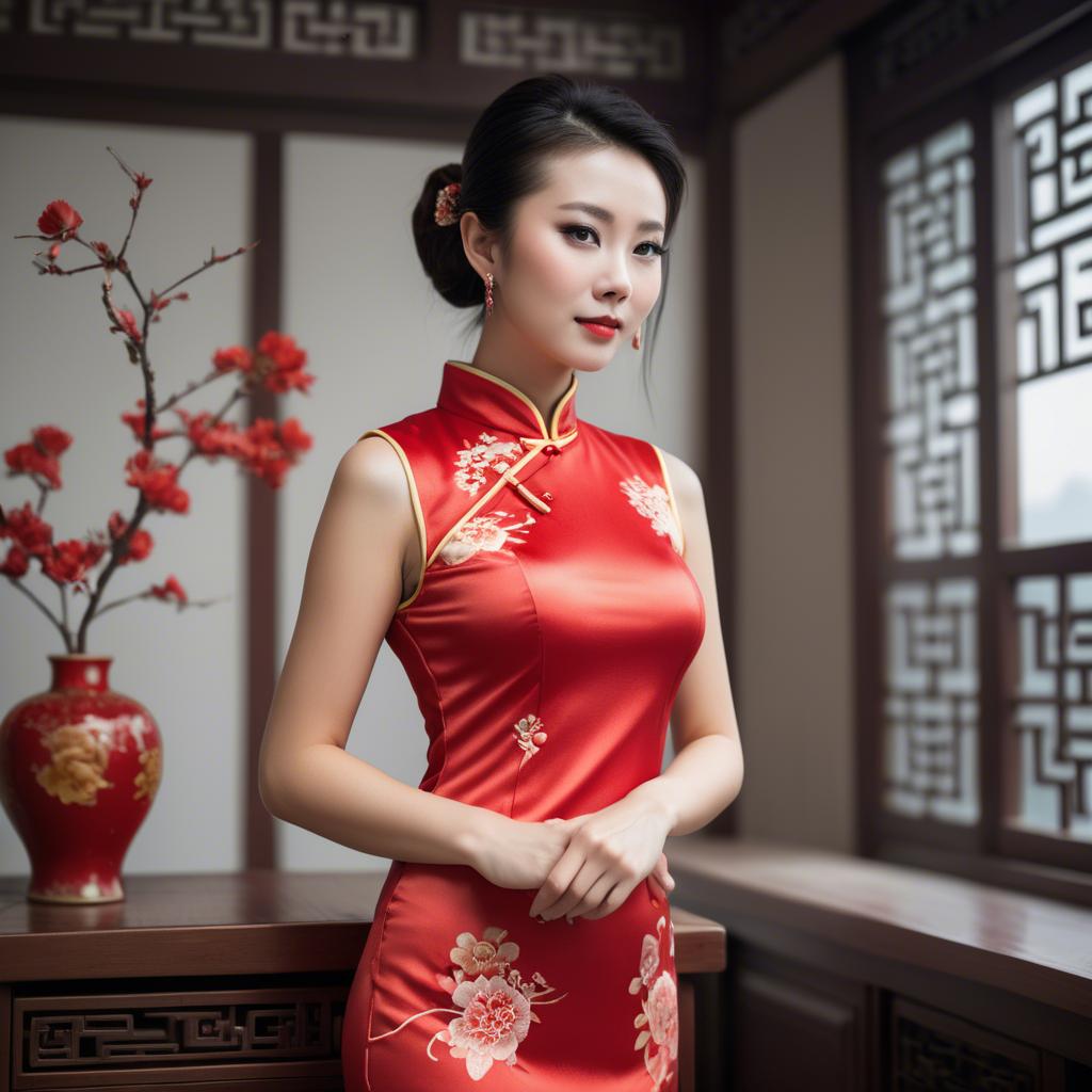 A stunning image of beautiful chinese woman posing in a cheongsam.